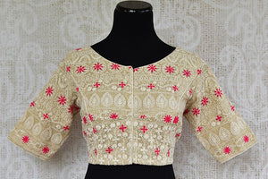 Off white embroidered blouse. Stylish blouse to go with any matka silk or linen saree.-front