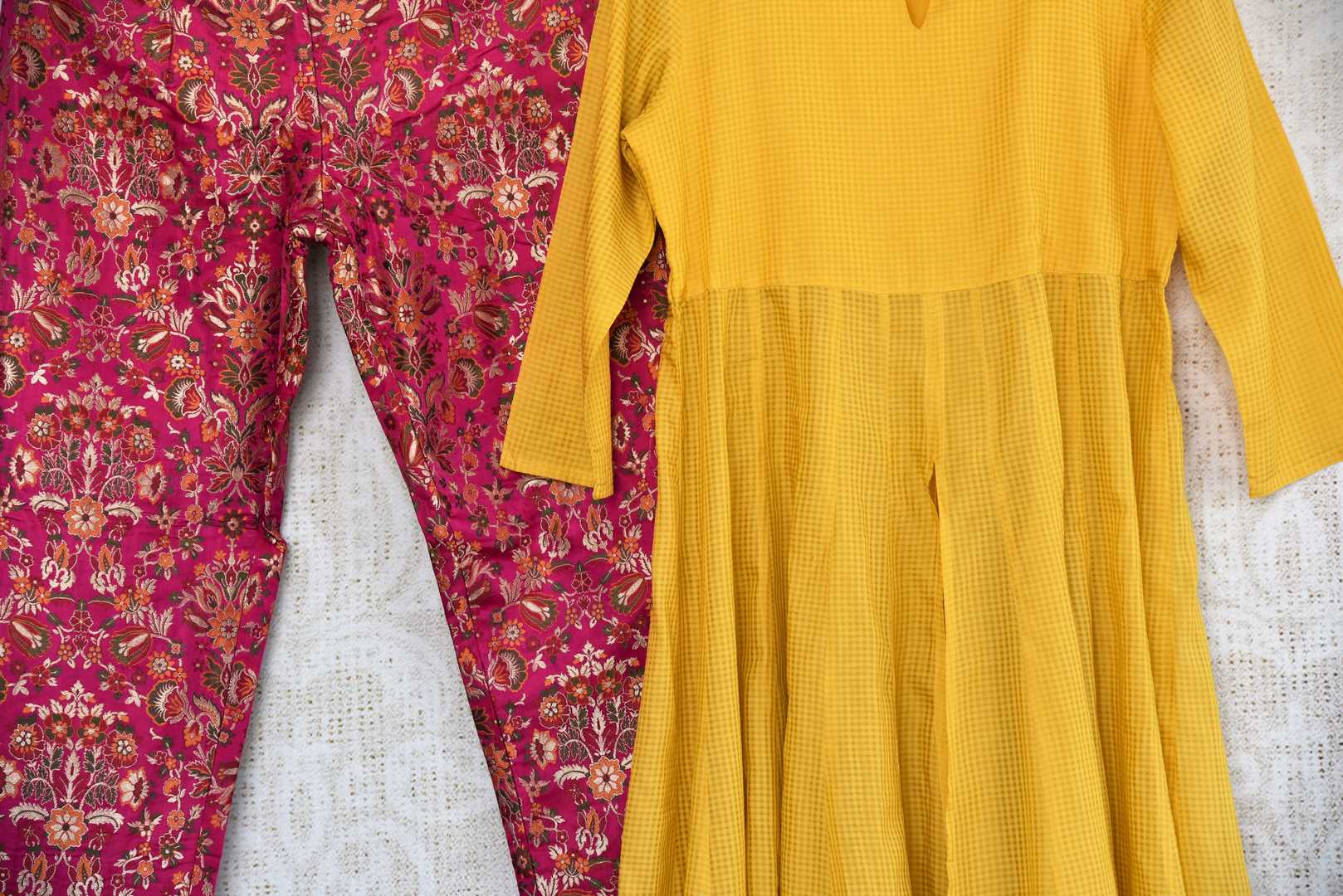 Buy Indowestern yellow silk kurta with Banarasi pants online in USA. Exquisite collection of Indian designer dresses at Pure Elegance online store in USA. Shop online.-details
