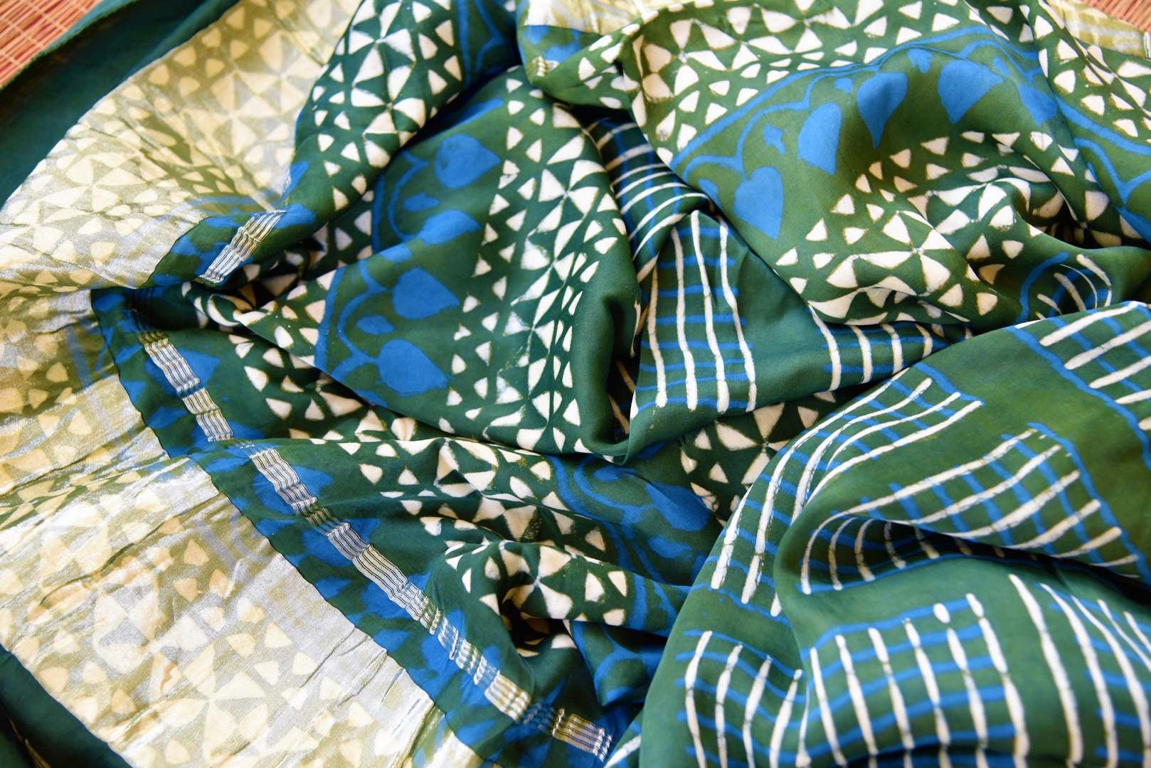 Buy green and blue gajji silk Ajrak print dupatta online in USA from Pure Elegance. Shop from our store exclusive Indian clothing for women in USA for every occasion.-closeup