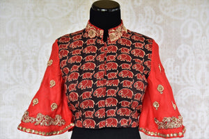 Buy stylish red and black embroidered cotton saree blouse online from Pure Elegance. Shop from stylish blouse designs for Indian sarees for different occasions.-front