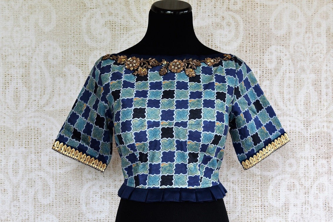 Buy stylish Blue Embroidered Blouse online from Pure Elegance store. Indian Blouses in unique styles and designs to match your sarees in USA. Readymade blouses online.-front
