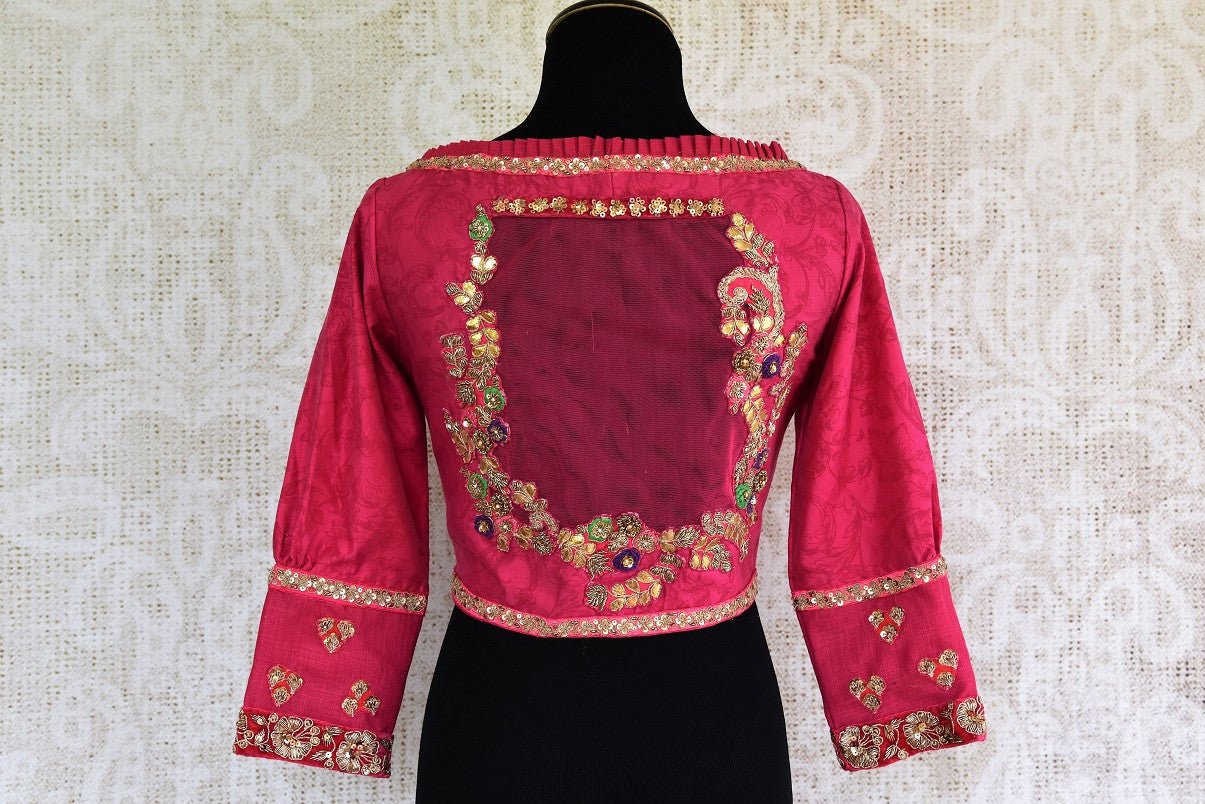 Stylish Designer Blouses online at Pure Elegance. Shop Pink Embroidered Designer Blouse online with sheer back. Indian Saree Blouses in various designs online.-back