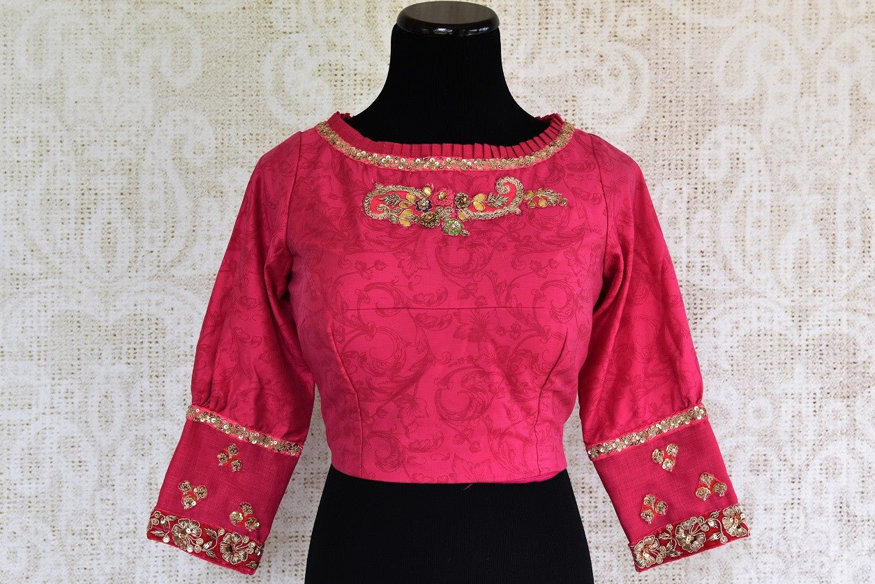 Stylish Designer Blouses online at Pure Elegance. Shop Pink Embroidered Designer Blouse online with sheer back. Indian Saree Blouses in various designs online.-front