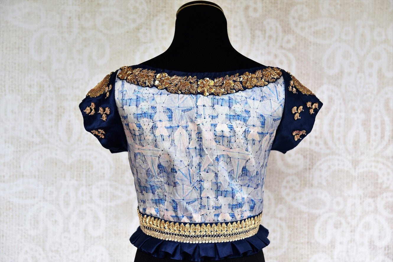 Buy stylish blue silk saree blouse online with zardozi embroidery. Pure Elegance brings Indian saree blouses online and in store for women in USA with stylish designs.-back