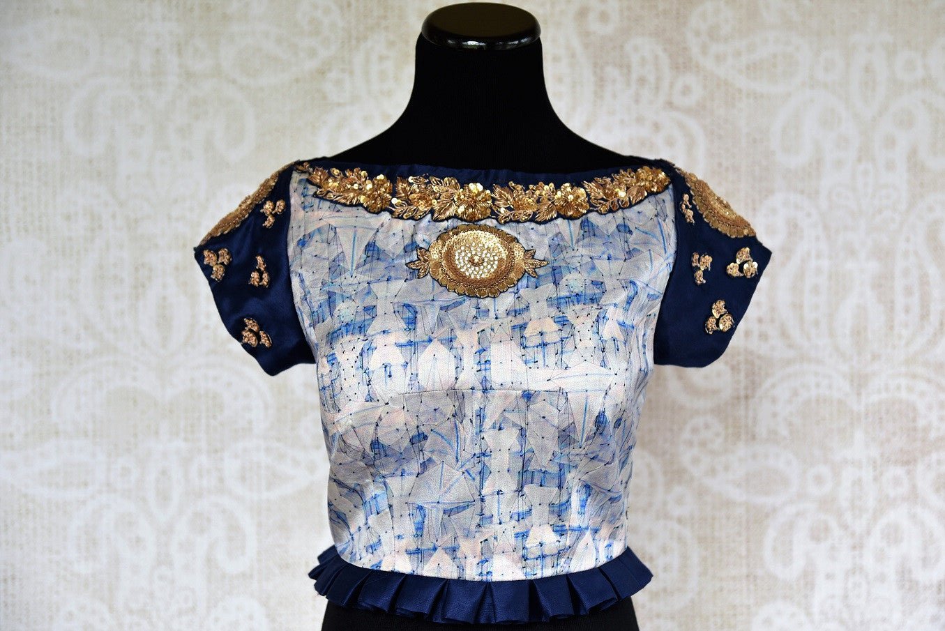 Buy stylish blue silk saree blouse online with zardozi embroidery. Pure Elegance brings Indian saree blouses online and in store for women in USA with stylish designs.-front