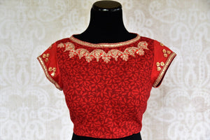 Pure Elegance brings Indian designer saree blouses online for women in USA. Shop elegant red chanderi saree blouse online, perfect for various occasions.-front