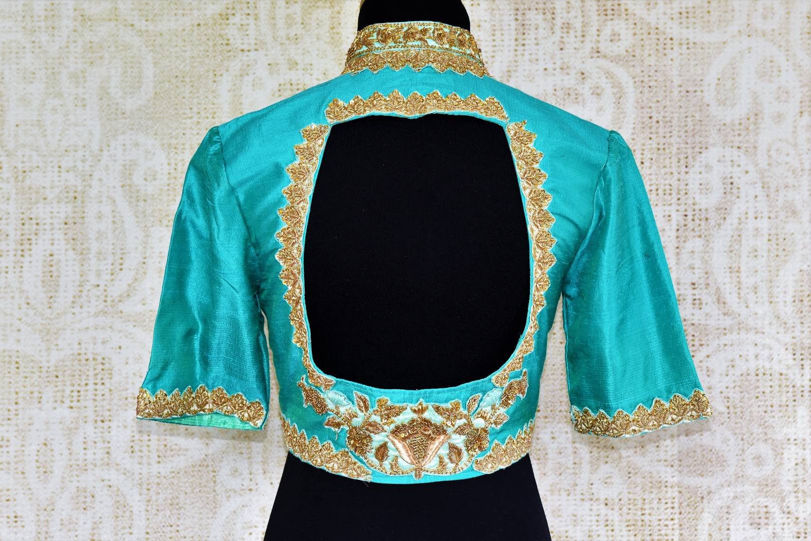 Buy light blue embroidered saree blouse online in USA. Pure Elegance store brings an alluring range of Indian readymade designer sari blouses in USA for women.-back