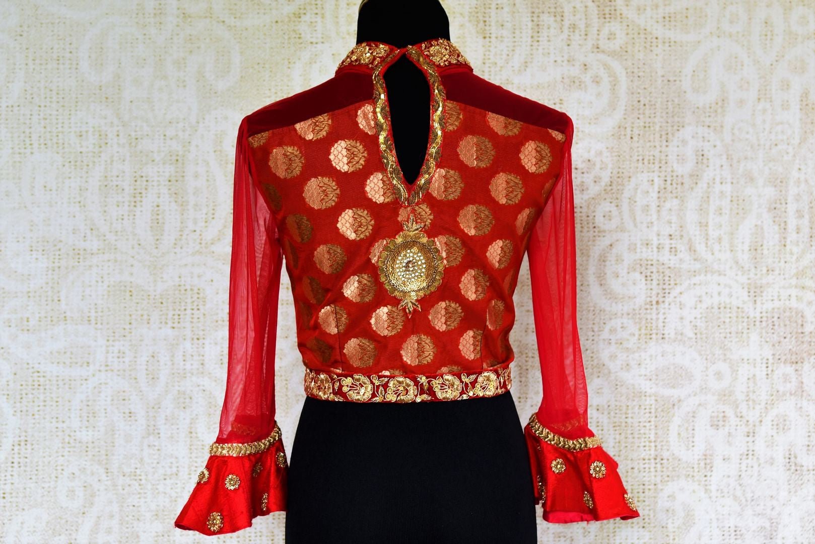 Buy red Banarasi embroidered saree blouse online in USA. Pure Elegance store brings a stylish range of Indian readymade designer sari blouses in USA for women.-back