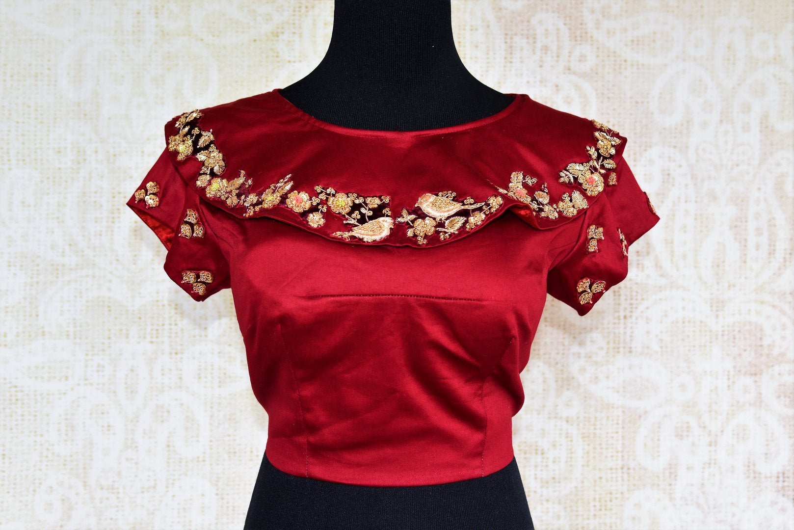 Buy maroon embroidered silk blouse online in USA at Pure Elegance. Our Indian fashion store brings an exclusive range of readymade saree blouses in USA for women.-front