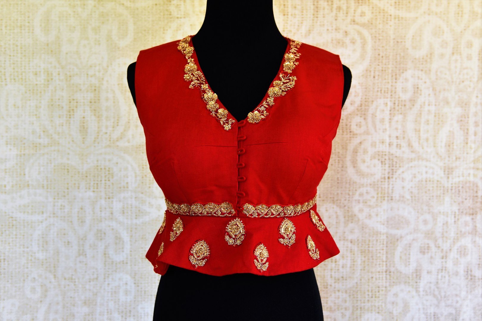 Buy stylish red silk embroidered peplum blouse online in USA. Pure Elegance fashion store presents a stunning range of designer saree blouses in USA for women. Buy now.-front