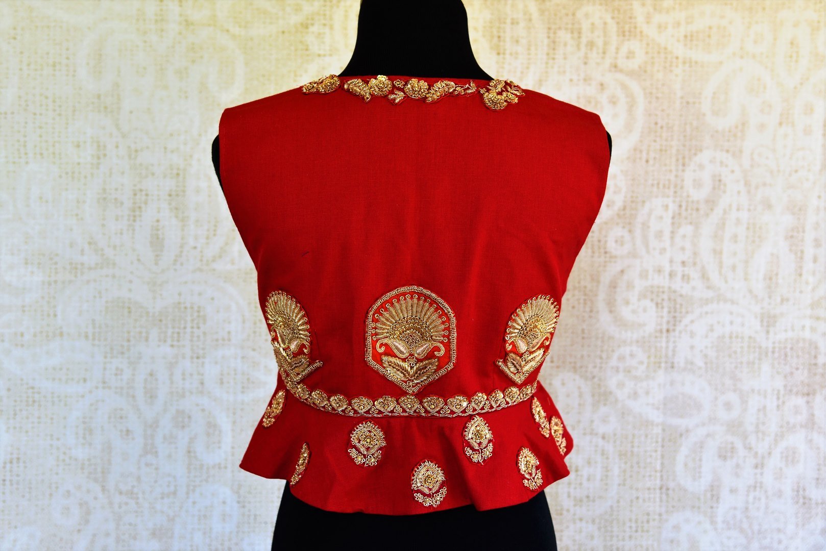 Buy stylish red silk embroidered peplum blouse online in USA. Pure Elegance fashion store presents a stunning range of designer saree blouses in USA for women. Buy now.-back