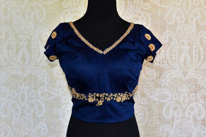 Buy royal blue embroidered silk blouse online in USA. Pure Elegance fashion store presents a stunning collection of ready-made Indian saree blouses in USA for women.-front