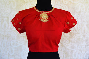 Buy bright red embroidered silk blouse online in USA with high neckline. Pure Elegance fashion store presents a range of ready-made designer blouses for saree in USA.-front