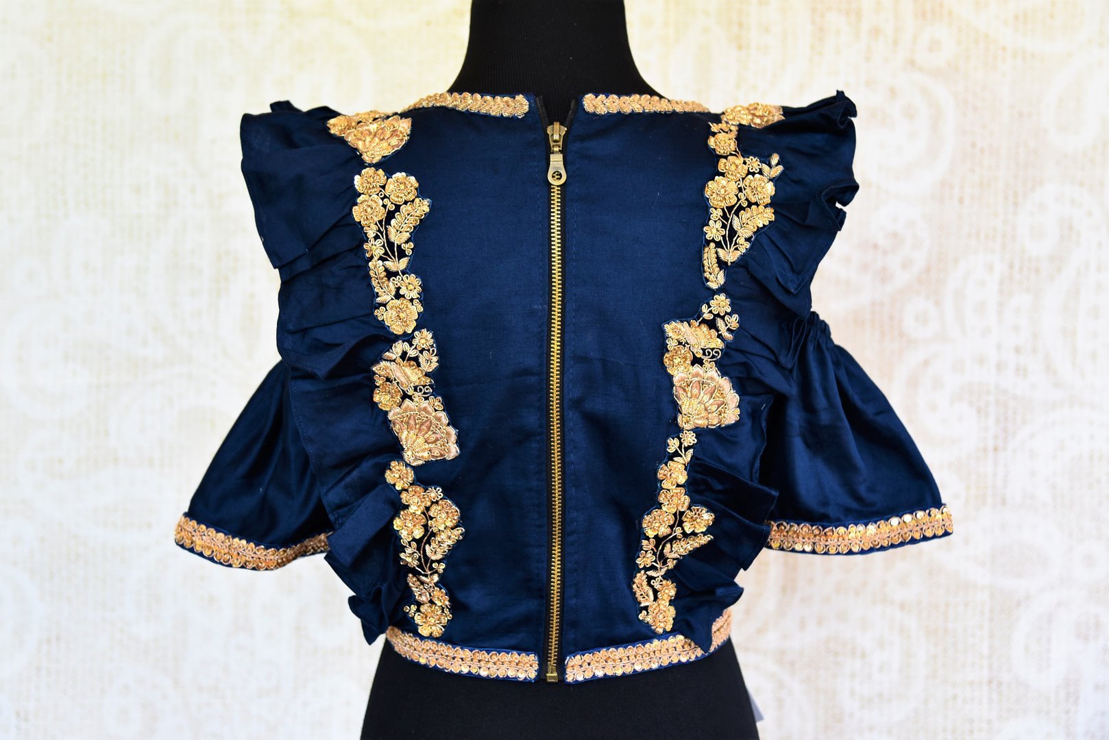 Buy blue embroidered silk blouse online in USA with cold shoulder sleeves. Pure Elegance fashion store brings a range of ready-made Indian saree blouses in USA.-back