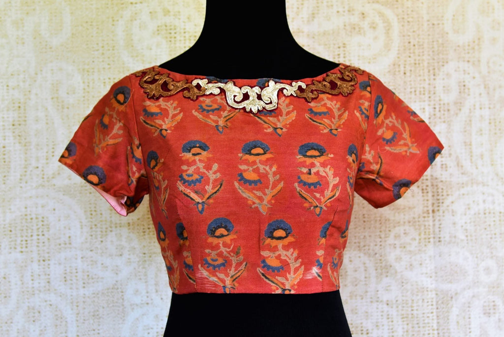 Buy orange rust printed embroidered sari blouse online in USA. Pure Elegance fashion store brings an exquisite range of Indian saree blouses in USA for women.-front