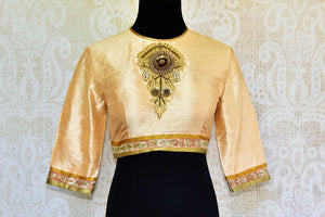 Buy gold raw silk embroidered saree blouse online in USA. Pure Elegance fashion store brings an alluring range of Indian readymade sari blouses in USA for women.-front