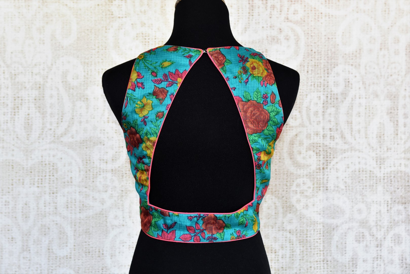 Buy blue printed silk kota sleeveless saree blouse online in USA. Match your sarees with latest designer saree blouses at Pure Elegance Indian clothing store in USA..-back