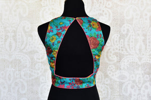 Buy blue printed silk kota sleeveless saree blouse online in USA. Match your sarees with latest designer saree blouses at Pure Elegance Indian clothing store in USA..-back
