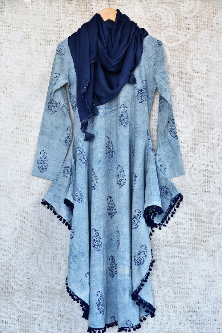 Buy Indowestern blue color printed cotton dress online in USA. Exquisite collection of Indian formal dresses at Pure Elegance online store in USA. Shop online.-scarf