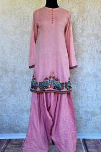 Buy pink chanderi kurta salwar set online in USA. Pure Elegance clothing store brings an exquisite range of ethnic Indian Salwar suits for online shopping in USA.-full view