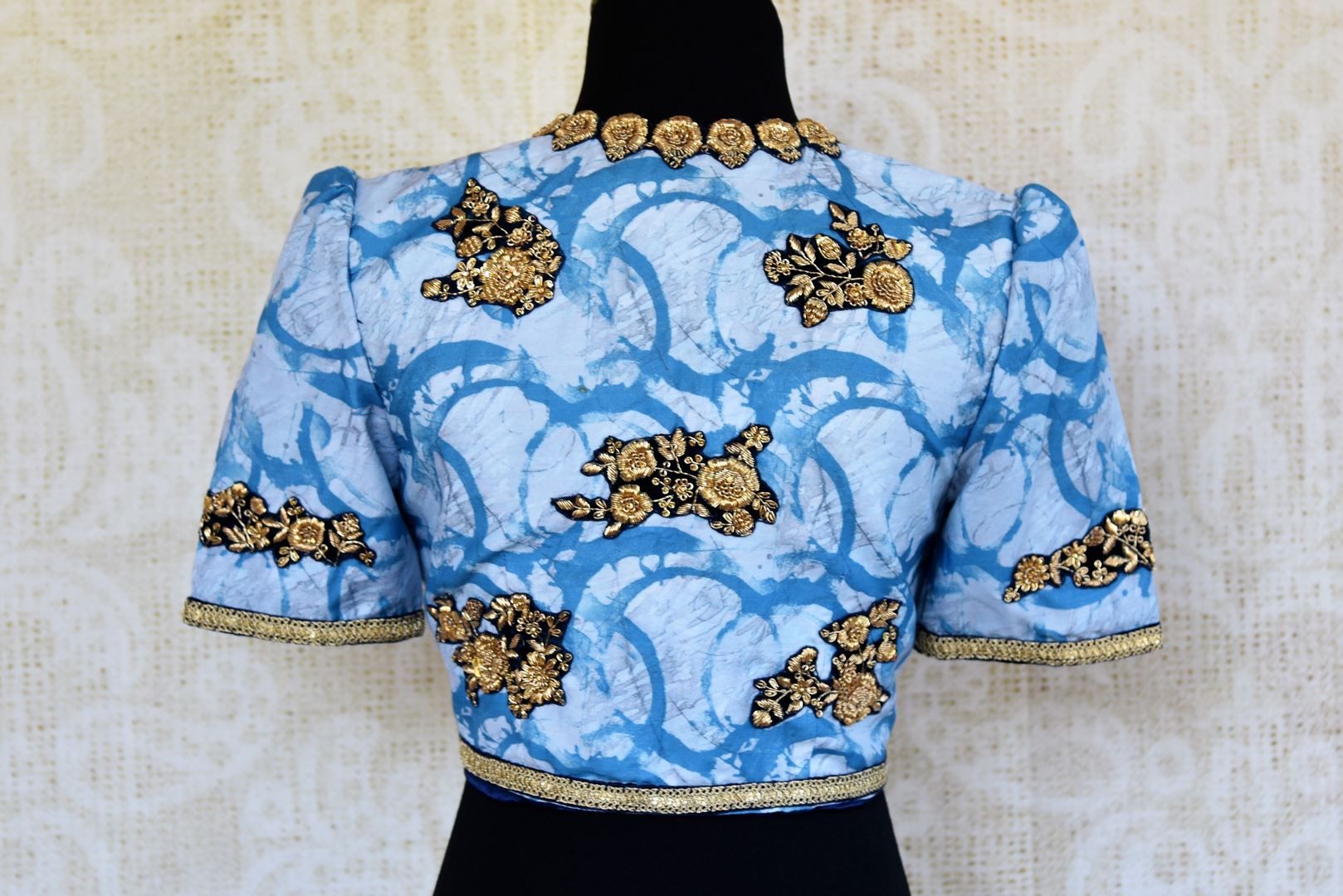 Buy blue printed cotton silk embroidered saree blouse online in USA. Pure Elegance clothing store brings an alluring range of Indian designer saree blouses in USA.-back