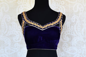 Buy blue velvet embroidered saree blouse online in USA. Pure Elegance clothing store brings an alluring range of Indian designer saree blouses in USA. Shop online.-front