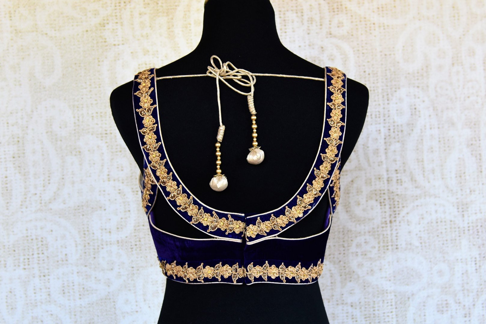 Buy blue velvet embroidered saree blouse online in USA. Pure Elegance clothing store brings an alluring range of Indian designer saree blouses in USA. Shop online.-back