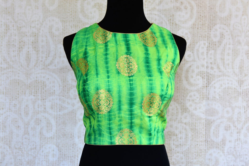 Buy green Banarasi silk sari blouse online in USA. Pure Elegance fashion store brings an exqusite range of  Indian readymade designer saree blouses in USA for women. -front