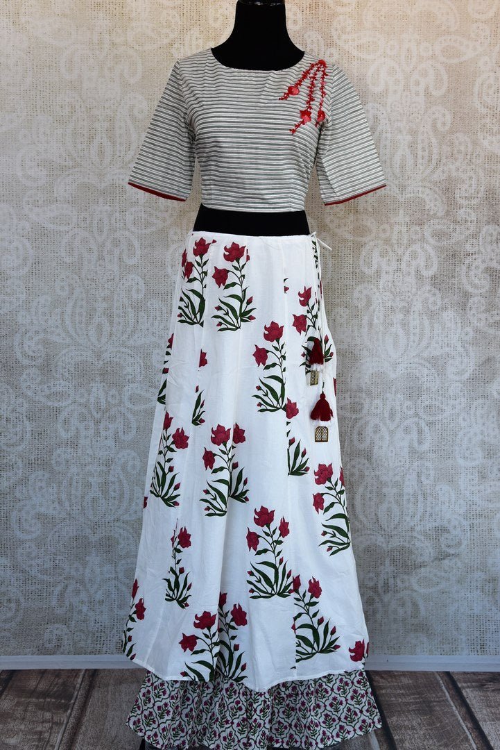 Buy red and white embroidered crop top with printed skirt online in USA Keep your style quotient up with Indian designer dresses at Pure Elegance online store in USA. -full view
