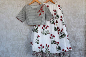 Buy red and white embroidered crop top with printed skirt online in USA Keep your style quotient up with Indian designer dresses at Pure Elegance online store in USA. -full view2