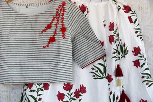 Buy red and white embroidered crop top with printed skirt online in USA Keep your style quotient up with Indian designer dresses at Pure Elegance online store in USA. -closeup