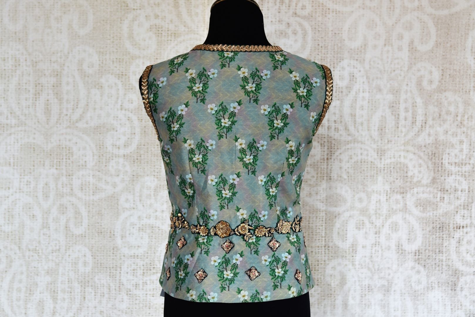Buy green silk printed & embroidered sari blouse online in USA. Choose from a range of exclusive designer sari blouses from Pure Elegance Indian Clothing Store in USA.-back