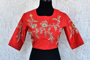 Buy red embroidered silk sari blouse online in USA. Add elegance to your Indian designer sarees with exquisite readymade saree blouses at Pure Elegance store. Shop online.-full view