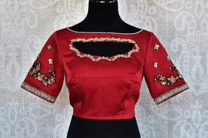 Buy red embroidered readymade saree blouse online in USA. Add elegance to your Indian sarees with exquisite designer sari blouses at Pure Elegance store. Shop online.-full view