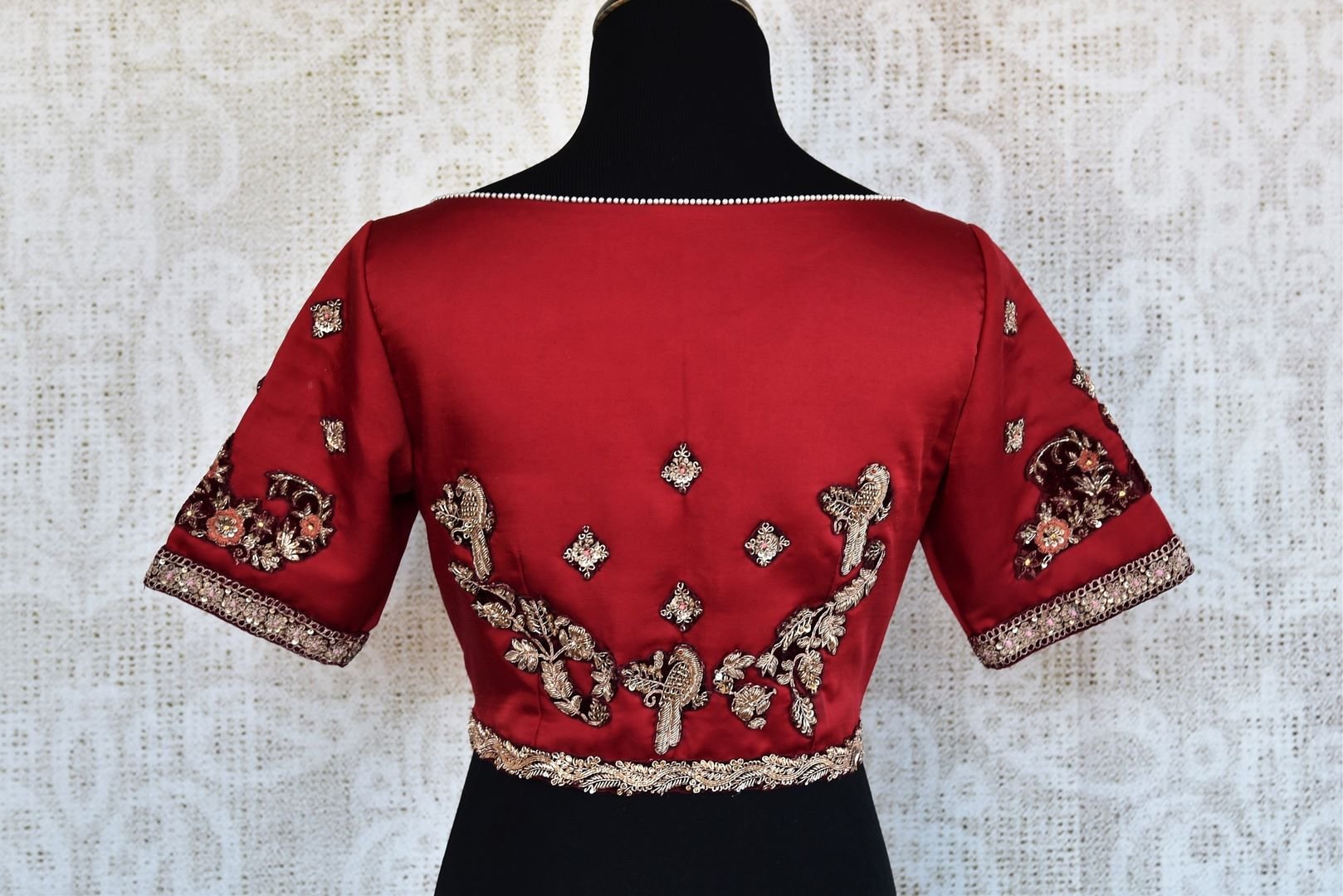 Buy red embroidered readymade saree blouse online in USA. Add elegance to your Indian sarees with exquisite designer sari blouses at Pure Elegance store. Shop online.-back