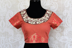 Buy rust orange silk embroidered readymade saree blouse online in USA. Match your sarees with readymade Indian sari blouses at Pure Elegance clothing store in USA.-full view