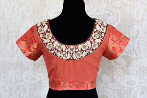 Buy rust orange silk embroidered readymade saree blouse online in USA. Match your sarees with readymade Indian sari blouses at Pure Elegance clothing store in USA.-back