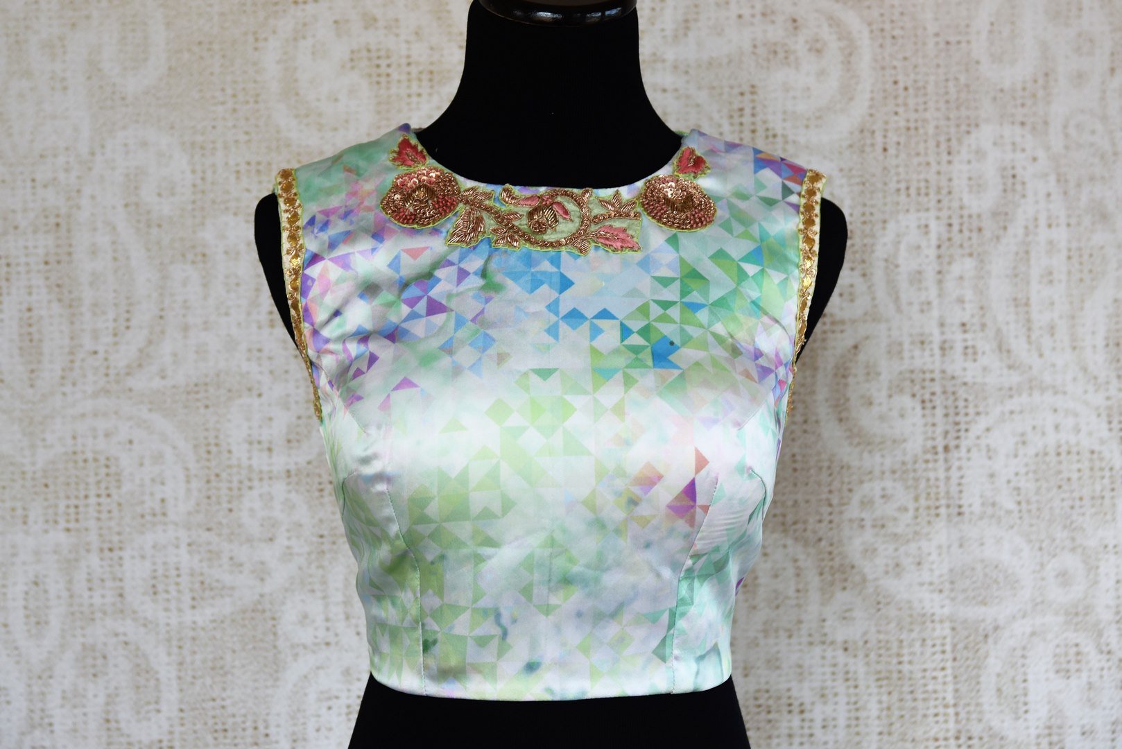 Buy green silk embroidered saree blouse online in USA.  Elevate your Indian saree look with beautiful readymade saree blouses at Pure Elegance Clothing Store in USA.-front