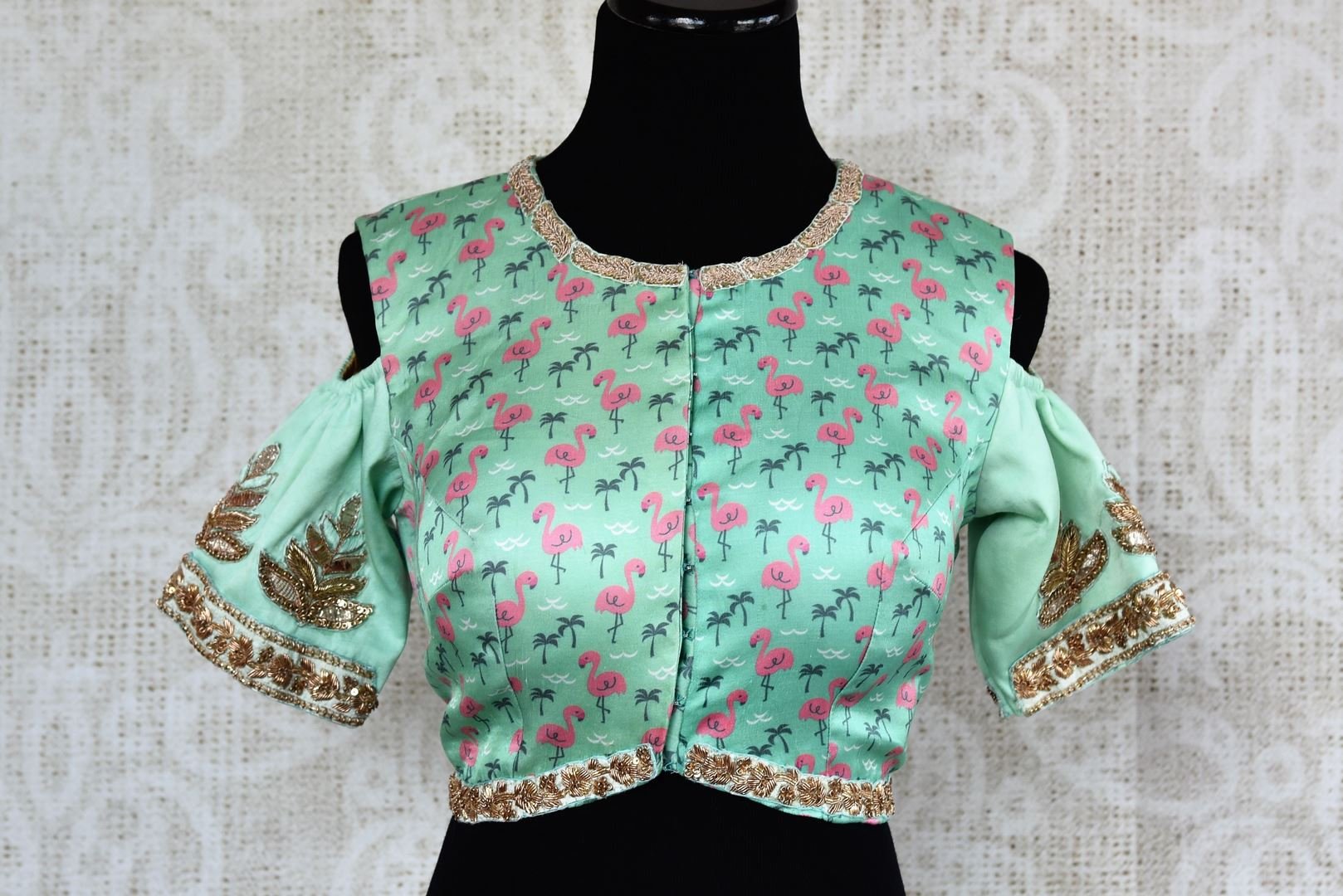 Green printed embroidered cold shoulder sari blouse buy online in USA. For an elegant Indian style, choose readymade saree blouses at Pure Elegance online store.-full view