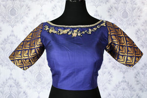 Buy beautiful royal blue embroidered designer sari blouse online in USA. Pure Elegance Indian fashion store brings an exclusively curated range of readymade saree blouses in USA to match your gorgeous Indian saris. Glam up your Indian look with stylish Indian saree blouses for weddings and parties.-front