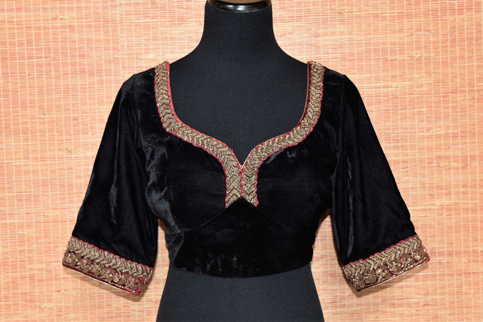 Buy black embroidered velvet readymade saree blouse online in USA. Elevate your traditional saree glam on weddings and special occasions with an exclusive range of designer saree blouses especially for Indian women in USA at Pure Elegance Indian fashion store. Shop now.-front