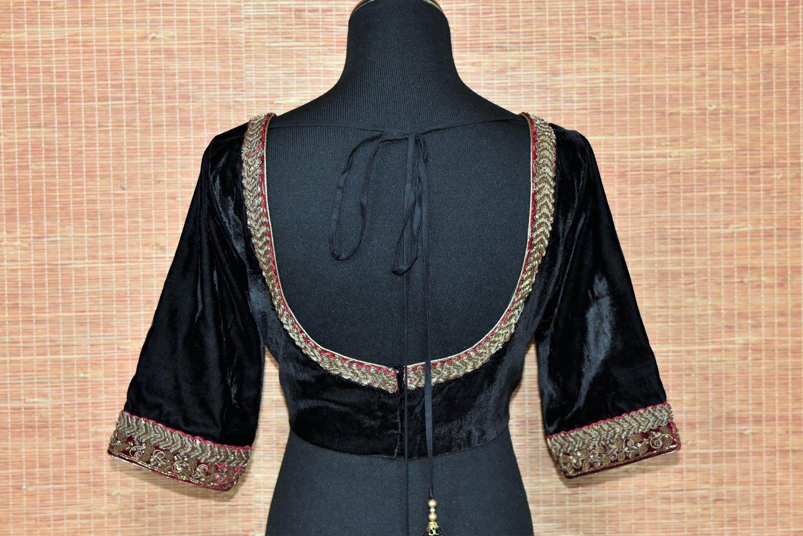 Buy black embroidered velvet readymade saree blouse online in USA. Elevate your traditional saree glam on weddings and special occasions with an exclusive range of designer saree blouses especially for Indian women in USA at Pure Elegance Indian fashion store. Shop now.-back