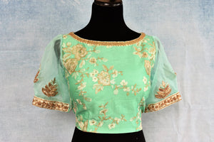 Buy pastel green thread embroidery readymade silk saree blouse online in USA. The blouse is a perfect match to add brightness to your Indian sarees. Shop beautiful Indian designer sari blouse in USA from Pure Elegance exclusive Indian clothing store in USA or shop online.-front