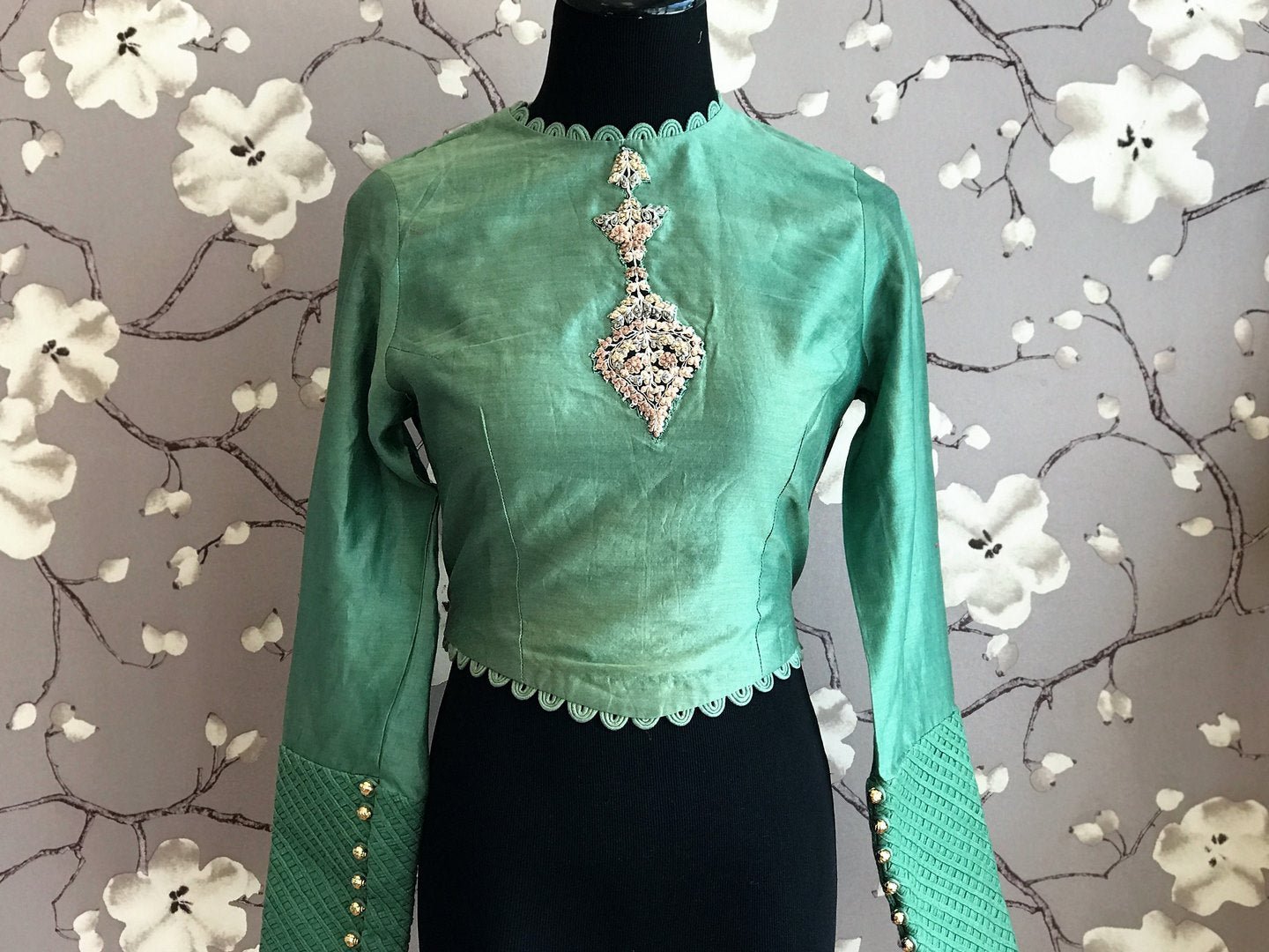 Buy green chanderi silk embroidered full sleeves saree blouse online in USA. Enhance your traditional saree look with a splendid range of designer sari blouses from Pure Elegance Indian fashion store in USA.-front