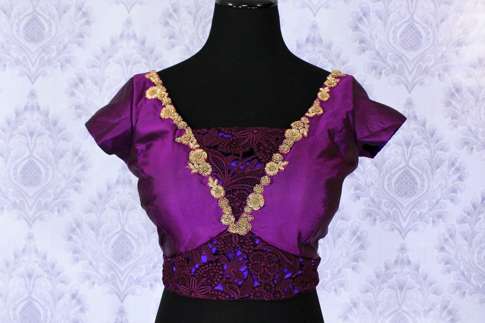 Buy purple embroidered designer saree blouse online in USA. Find your matching saree blouses for your beautiful Indian saris in USA at Pure Elegance exclusive clothing store or shop online.-front