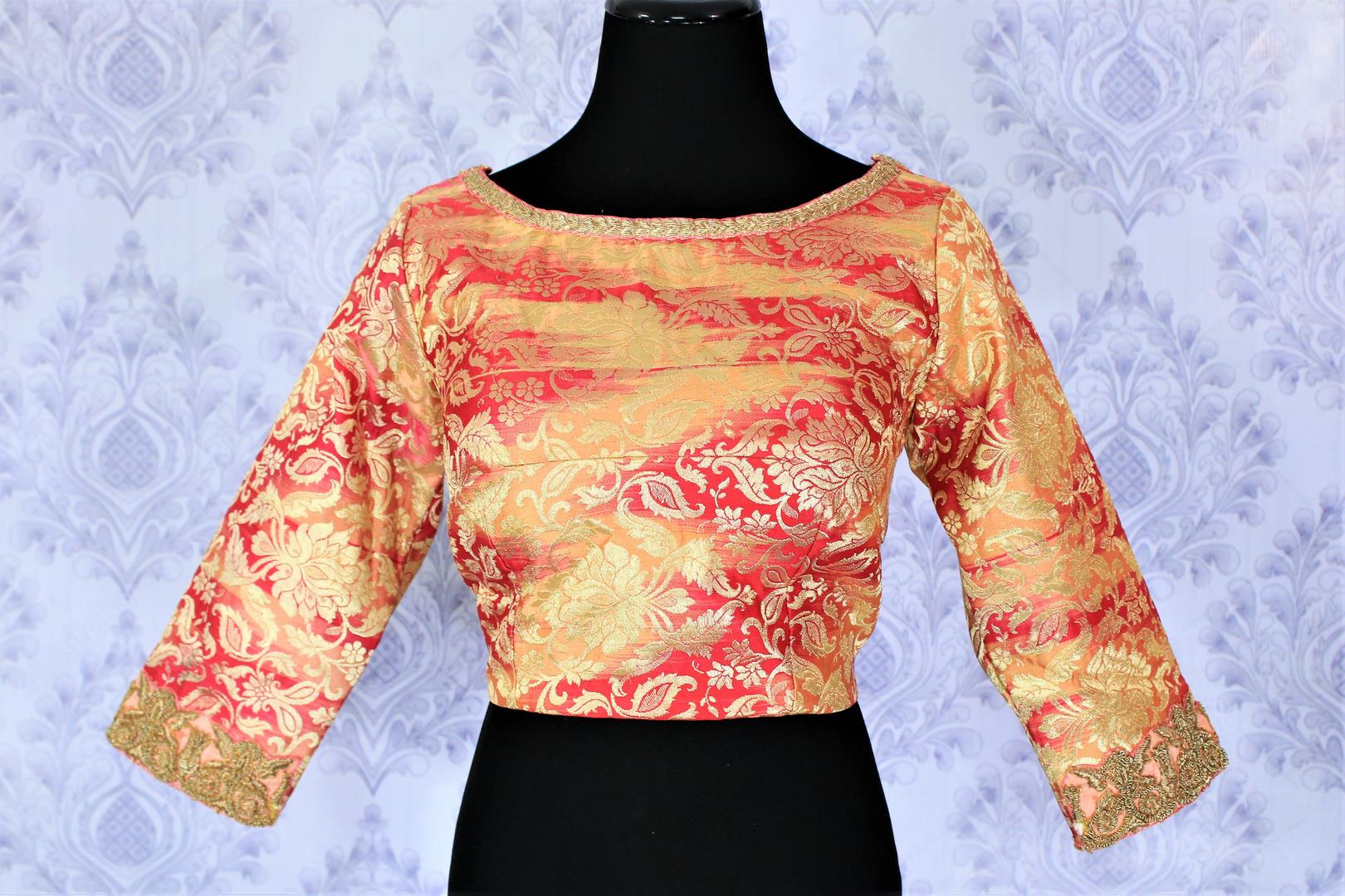 Buy yellow and pink embroidered designer sari blouse online in USA. Find your matching saree blouses for your beautiful Indian saris in USA at Pure Elegance exclusive clothing store or shop online.-front