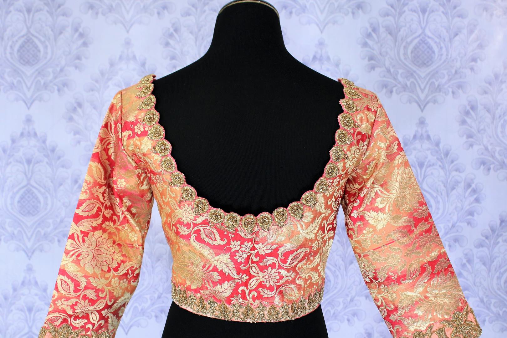 Buy yellow and pink embroidered designer sari blouse online in USA. Find your matching saree blouses for your beautiful Indian saris in USA at Pure Elegance exclusive clothing store or shop online.-back