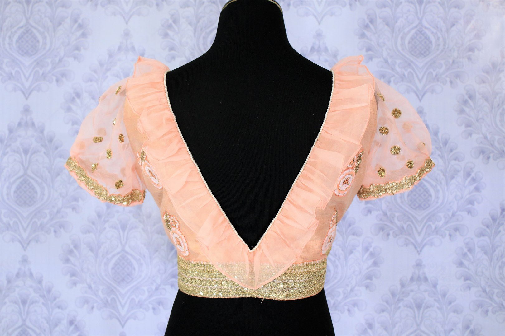 Buy peach embroidered designer sari blouse online in USA. Find matching designer saree blouses for your beautiful Indian sarees in USA at Pure Elegance exclusive clothing store or shop online.-back