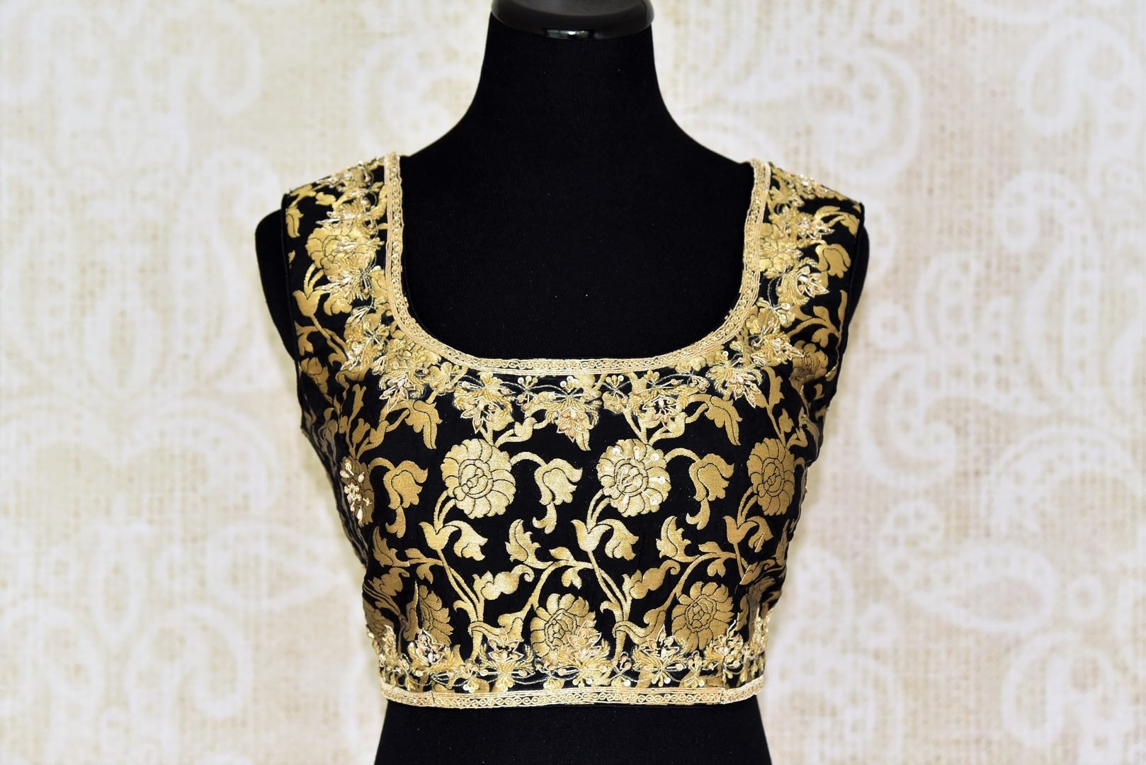 Buy black Banarasi embroidered sleeveless saree blouse online in USA . Pure Elegance Indian clothing store brings a stylish range of designer saree blouses in USA. You can also shop online and enjoy speedy delivery at your doorsteps. Shop now.-front