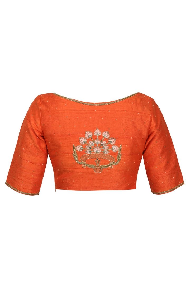 Buy orange raw silk saree blouse online in USA with hand embroidery. Match your designer sarees with stylish readymade sari blouses available at Pure Elegance clothing store in USA or shop online.-back